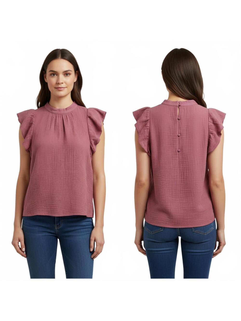 Ruffle Sleeve Top Mock Neck Blouse Textured Mauve Pink Size M